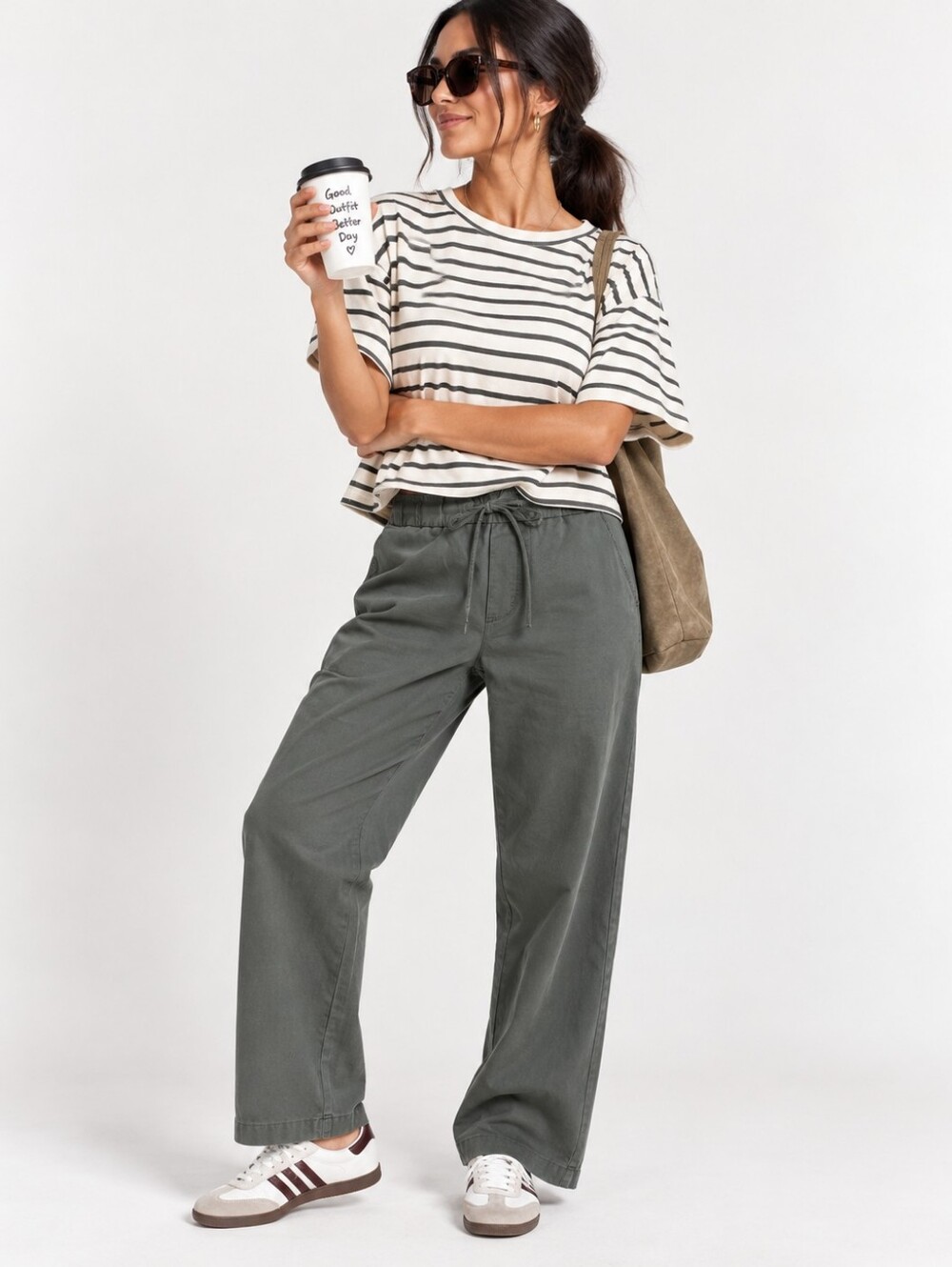 Zara Gray Green Cotton Blend Drawstring Straight Leg Pants Size M